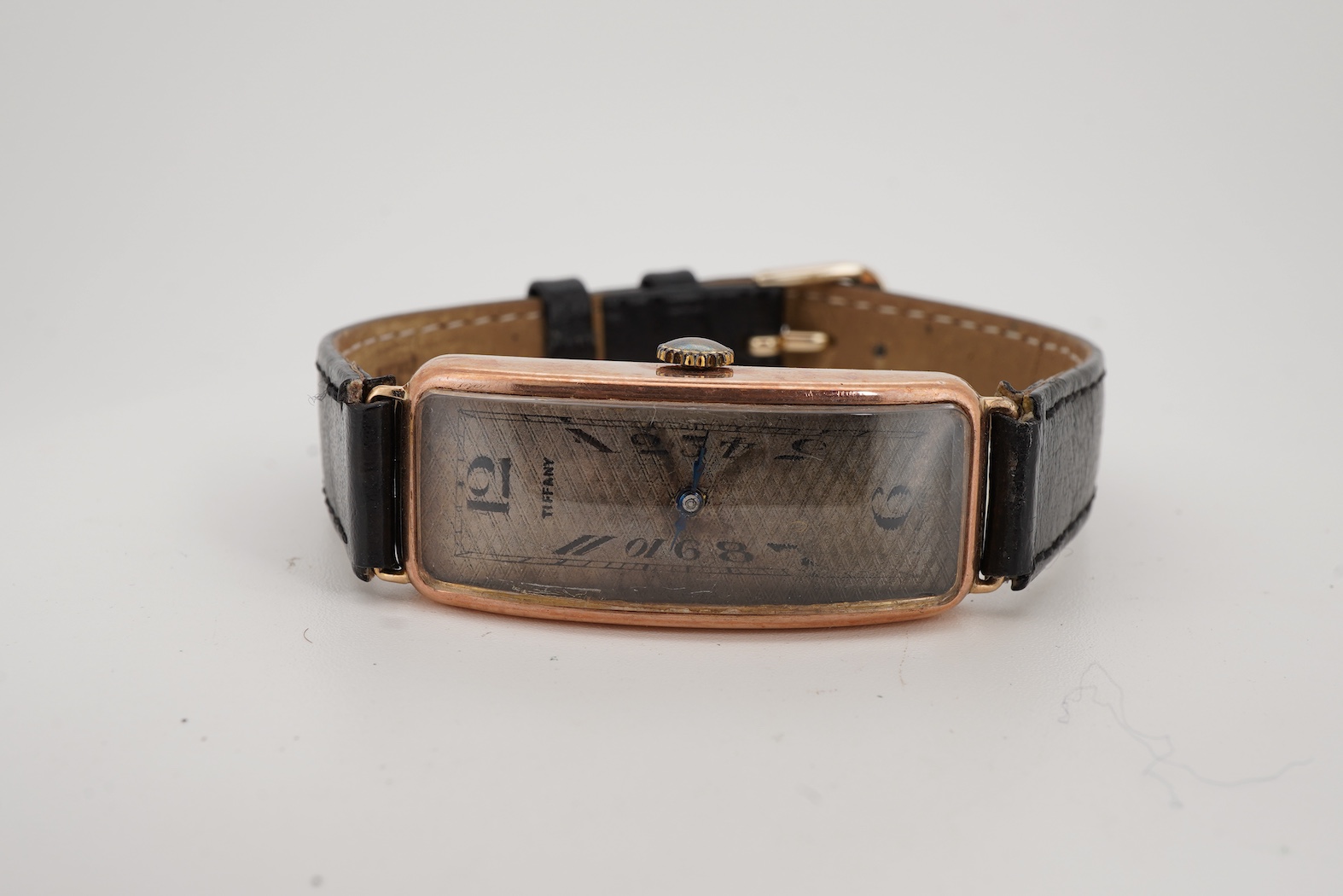 A lady's late 1920's stylish 9ct gold manual wind wrist watch, retailed by Tiffany